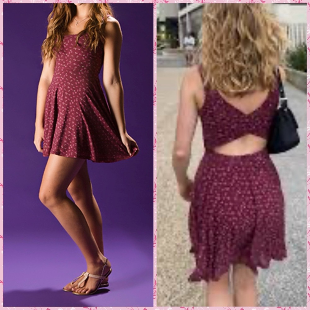 Abercrombie & Fitch Floral Burgundy Skater Dress Cross Back Large Cottagecore - Picture 3 of 8